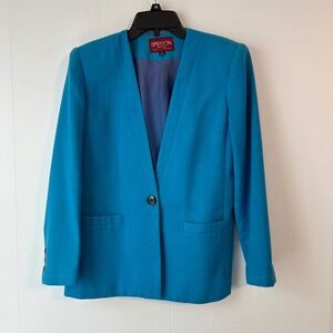 VTG Sasson Petite Teal Blue V-Neck One Button Blazer Jacket Women's Size 4